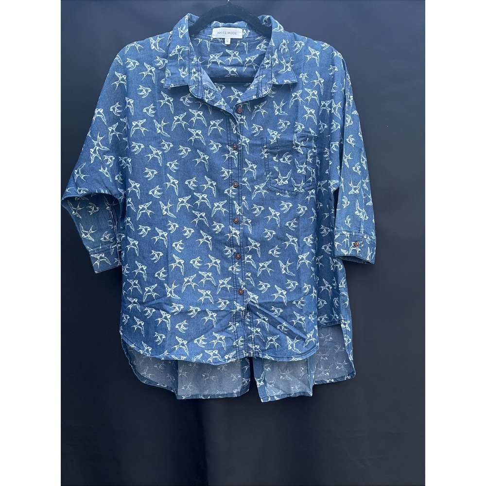 White|Mode Women's Size L Chambray Short Sleeve Button Down Shirt Bird Graphic